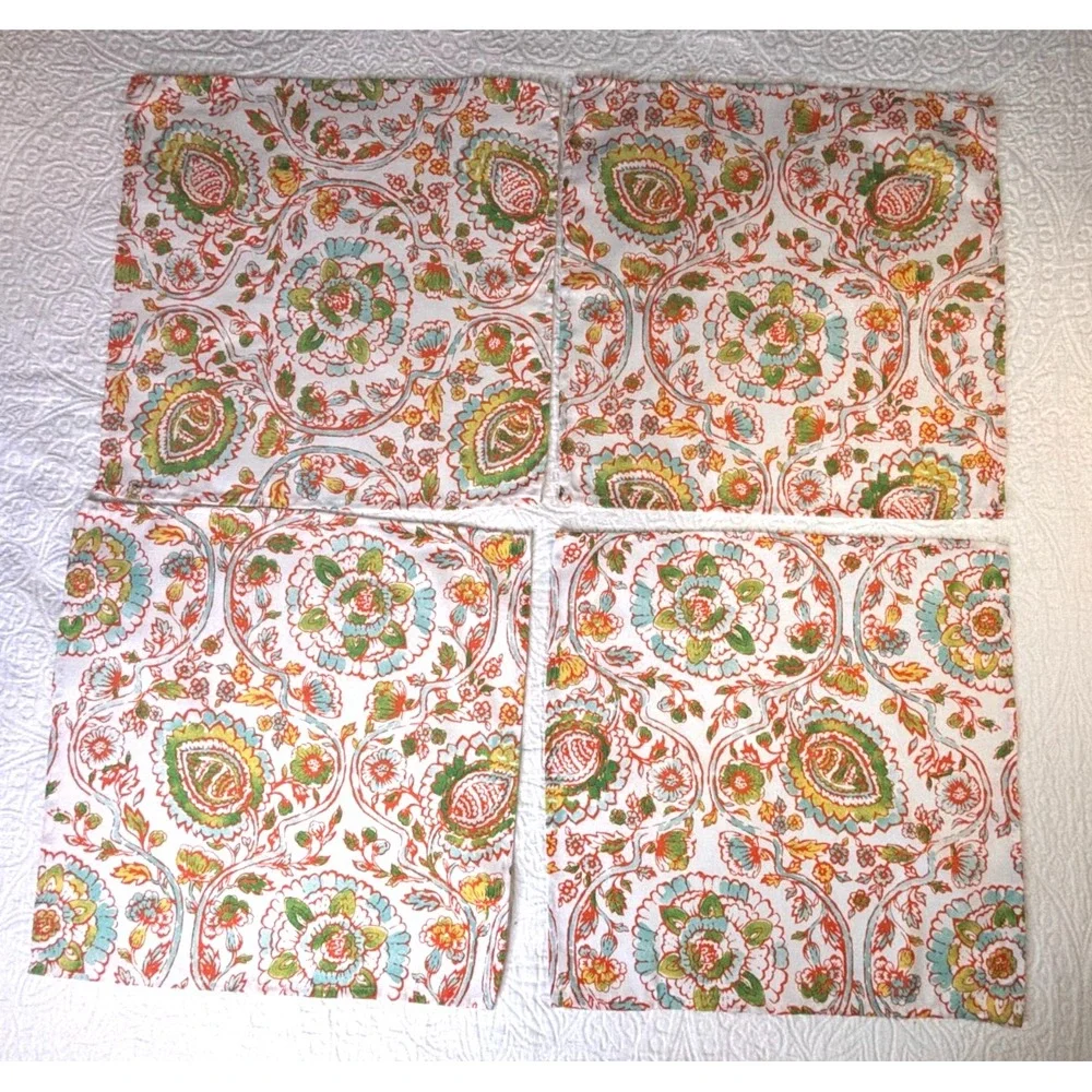 Vintage‎ Laura Ashley Floral Fabric Napkins Set of 4 Orange Green Cottage EUC